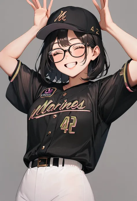 a close up of a person wearing a baseball uniform and glasses