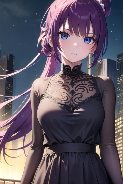 hitagisenjougahara, <lyco:hitagisenjougahara-lyco-nochekaiser:1>, 
senjougahara hitagi, long hair, bangs, ponytail, sidelocks, scrunchie, blue eyes, purple hair, (medium breast:1.2), 
BREAK casual dress,
BREAK outdoors, city, sky, night, star (sky),
BREAK ...