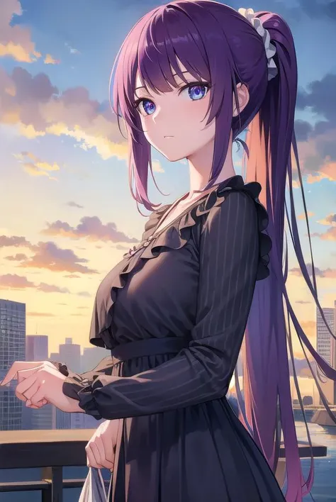 hitagisenjougahara, <lyco:hitagisenjougahara-lyco-nochekaiser:1>, 
senjougahara hitagi, long hair, bangs, ponytail, sidelocks, scrunchie, blue eyes, purple hair, (medium breast:1.2), 
BREAK casual dress,
BREAK outdoors, city, sky, night, star (sky),
BREAK ...