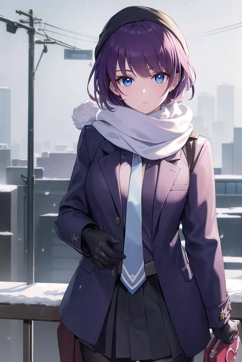 hitagisenjougahara, <lyco:hitagisenjougahara-lyco-nochekaiser:1>, 
senjougahara hitagi, short hair, bangs, blue eyes, purple hair, (medium breast:1.2), 
BREAK skirt, shirt, gloves, long sleeves, hat, school uniform, jacket, pantyhose, pleated skirt, open c...