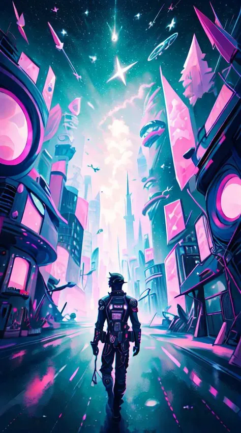 a man walking down a street in a futuristic city