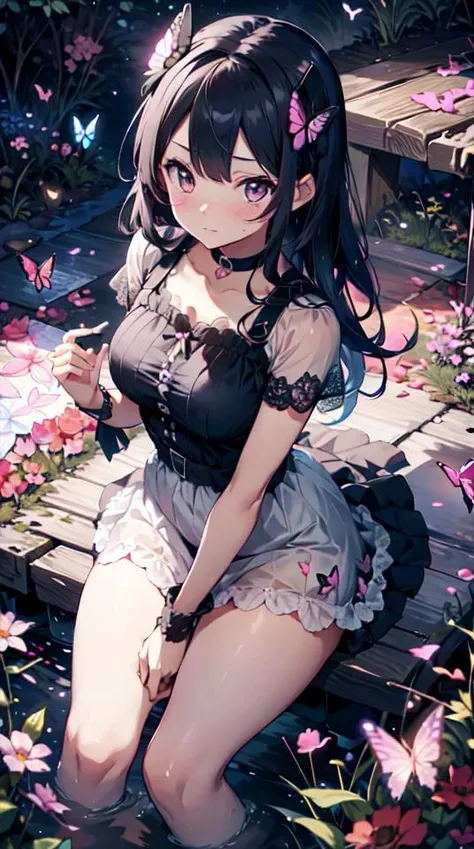 anime girl sitting on a bench surrounded by flowers and butterflies