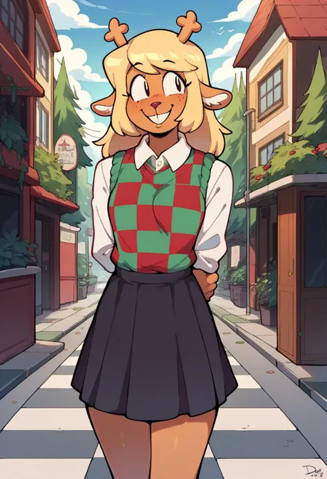 a cartoon girl in a skirt and sweater standing on a street