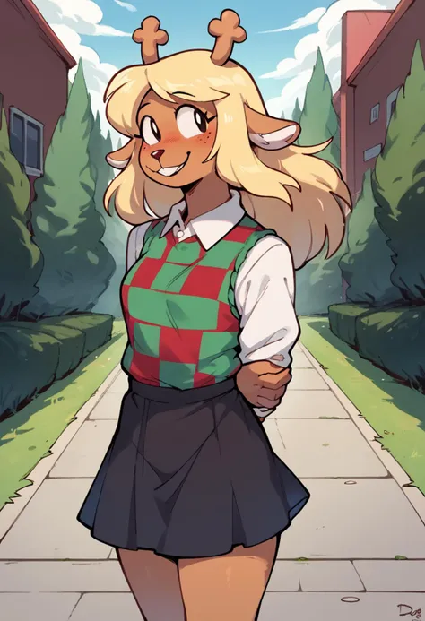 a cartoon girl in a school uniform standing on a sidewalk