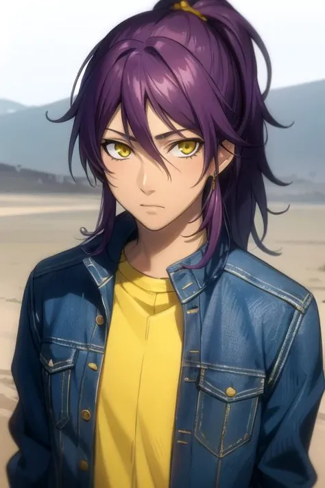 masterpiece, best quality, sketch, 1boy, solo, male focus, looking at viewer, upper body, depth of field, , realistic, <lora:soma_asman_kadar:0.68>, soma_asman_kadar, purple hair, yellow eyes, long hair, ponytail, denim jacket, , desert, 16k resolution