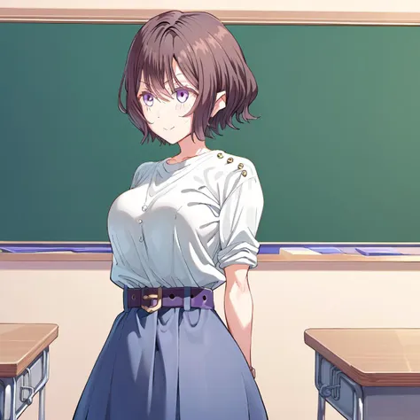 anime girl in a school uniform standing in front of a blackboard