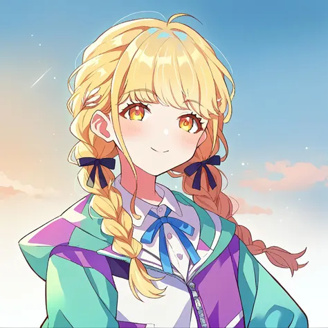 anime girl with long blonde hair and blue jacket standing in front of a blue sky