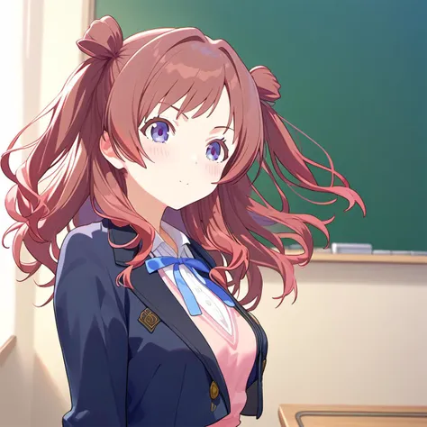 anime girl in a school uniform standing in front of a chalkboard