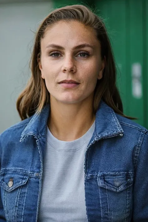 1girl, solo, portrait, (blue denim jacket), looking at viewer, [locker room background], masterpiece, best quality, ultra-detail...