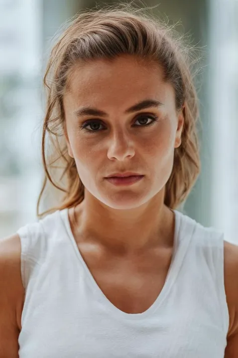 1girl, solo, portrait, ((white tank top)), looking at viewer, (blurry background), soft lighting, masterpiece, best quality, ult...