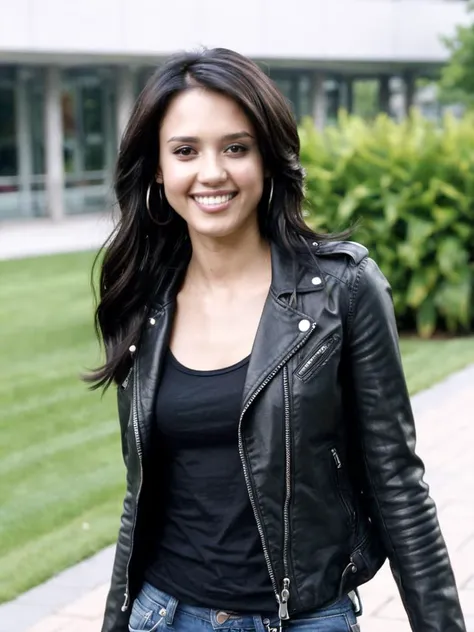 ((ohwx woman))  with long black hair. <lora:jessicaalba_dh128_v1_sdxxxl:1>, wearing tight jeans, black jacket, and t-shirt