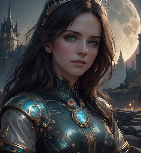 best quality, masterpiece, highres, 1girl, Detailed face, (Upper body:1.6), Cyber cities, a woman queen ice, realistic photo of a castle on a hill with a full moon in the background, cgsociety, fantasy art, fantasy, fantasy, epic hyper-detailed masterpiece...