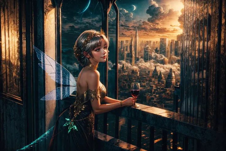 masterpiece fantasy art, low key, ethereal atmosphere, beautiful fairy girl on parapet, green eyes, golden hair, ethereal wings, emerald frontlet, parted lips, sad smile, wine goblet in hand, (city full of magic:1.2) with central downtown, skyscrapers:1.1,...