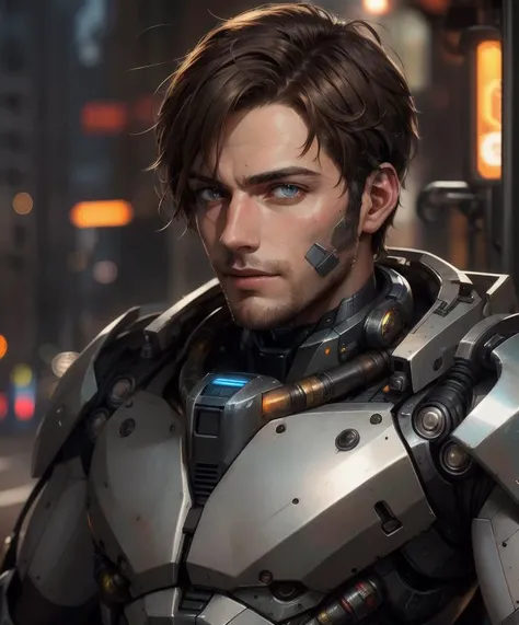 Portrait photo of an handsome male ,perfect eyes , in a worn mecha exosuit,((light bokeh)), intricate, (steel metal [rust]), elegant, sharp focus, photo by greg rutkowski, soft lighting, vibrant colors, masterpiece, ((streets)), detailed face