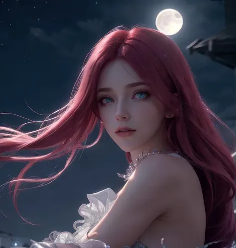 hair red gradient ,  night sky, detailed face, face focus, texture pores skin, game cg, nigh sky, moonlight, moon,  white gloves...