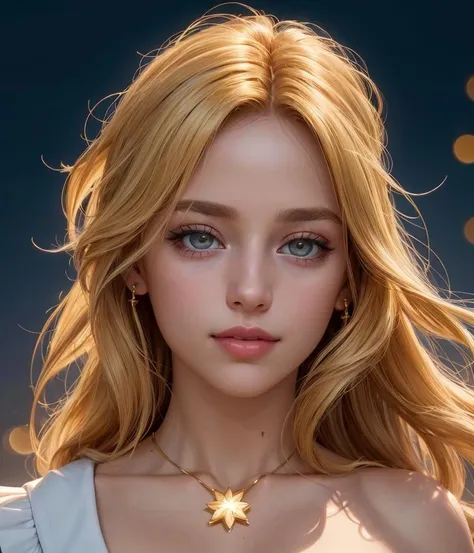 a woman with blonde hair and a star necklace