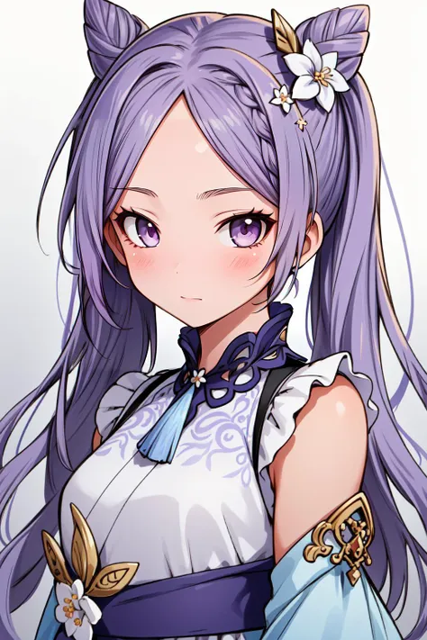 (masterpiece, best quality), intricate details,
 1girl,    keqing,  <lyco:KeqingCharacter:0.8>purple hair, forehead, cone hair bun, purple eyes, hair flower,hair ornament, twintails, long hair,