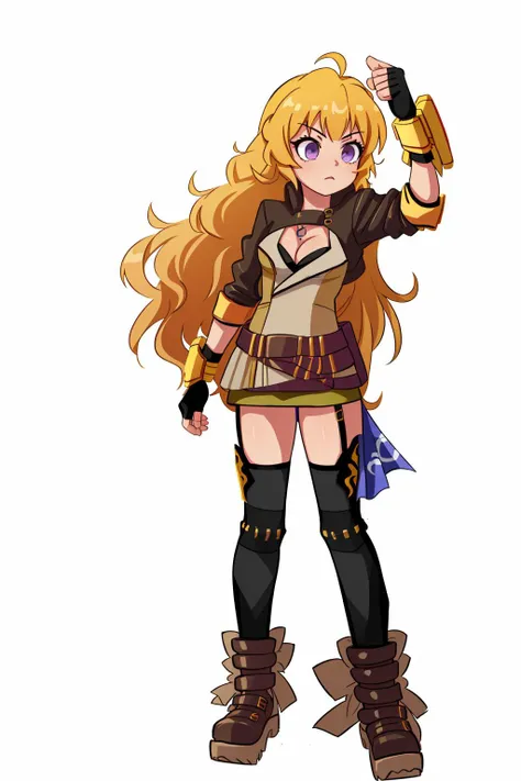 masterpiece, best quality, high quality, (1girl), <lora:YangHunter:1.2> yang xiao long, yellow hair, absurdly long hair, ahoge, purple eyes, yanghntr, thighhighs, garter straps, fingerless gloves, belt, black jacket, necklace, boots, skirt, cleavage,