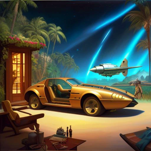 Vehicle, Landspeeder, <lora:Landspeeder-fc-v1:1>, painting by sargent and rhads and leyendecker and greg hildebrandt night sky, fins, caged propeller, open cockpit, hotel in background, jungle in background