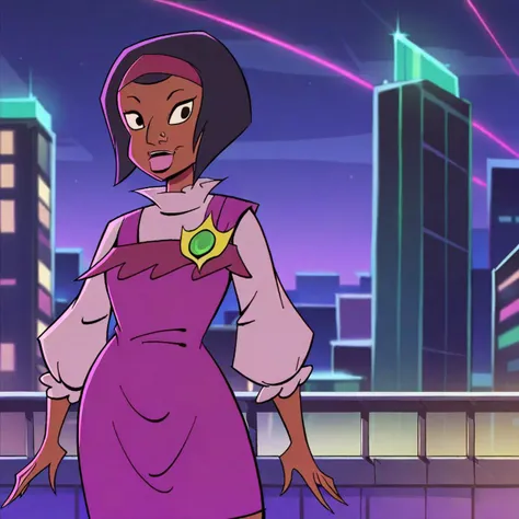 a cartoon girl in a pink dress standing in front of a city