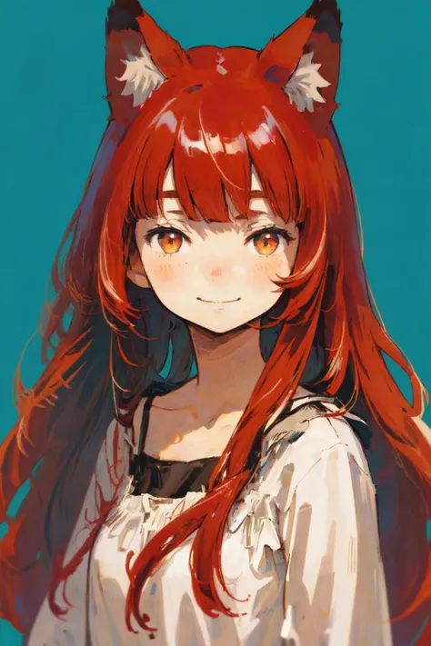 a close up of a girl with long red hair and a cat ears