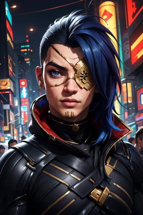 (masterpiece, best quality:1.2), intricate details, <lora:odyssey_kaynV2-000014:1>, odyssey kayn, 1boy, male focus, asymmetrical hair, asymmetrical clothes, eyepatch, upper body, detailed background, cyberpunk