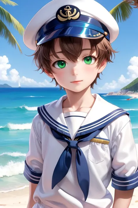 a close up of a person wearing a sailor hat on a beach