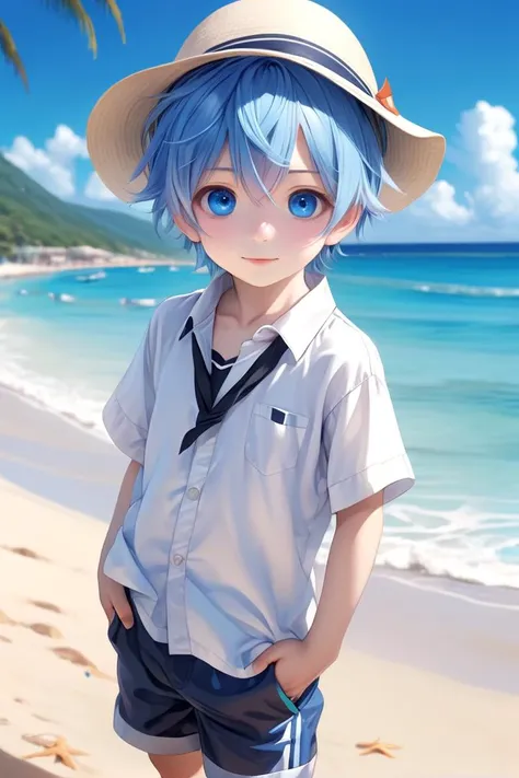 <lora:cutified_anime_character_design:0.4>  1boy, aoi , blue hair, hat, masterpiece, ultra detail, beach, blue eyes, (cute shirt:1.3)