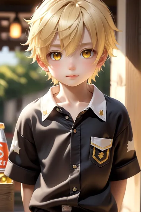 anime boy with blonde hair and yellow eyes holding a soda