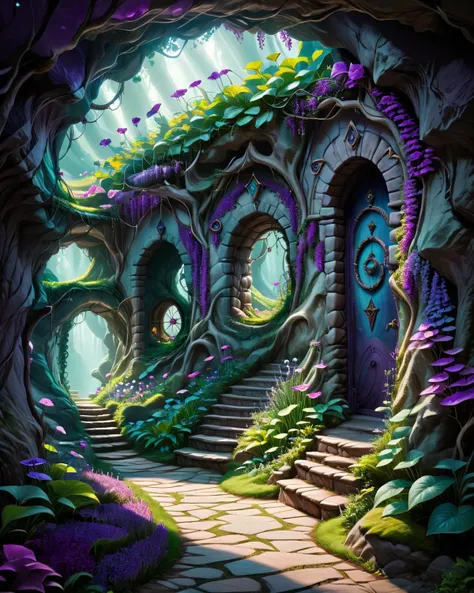 concept art (Ultrarealistic:1.3) <lora:FF-WEEK2-MJ-NEW:1> a purple tunnel with a path leading through it, beautiful fantasy cave scene, fantasy magical vegetation, entrance to ethereal realm, magical environment, enchanted magical fantasy forest, very surr...