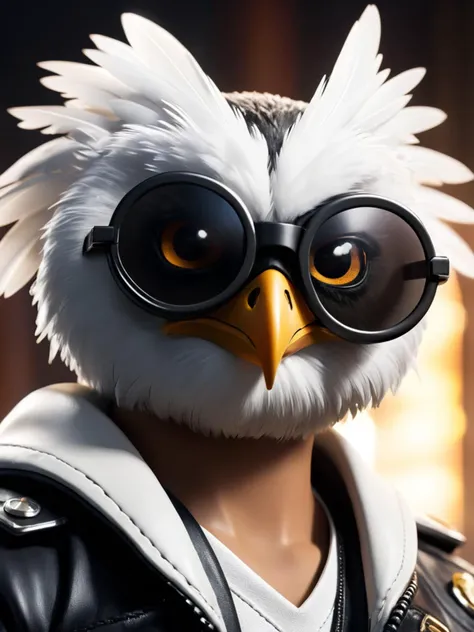 cinematic film still <lora:FF-Midj-Last-v0563:1> a close up of a toy bird wearing a pair of glasses, owl wearing black biker jacket, cory behance hd, 3d render senior artist, mascot illustration, toon render keyshot, motorbiker, trending on dribbble.com ma...