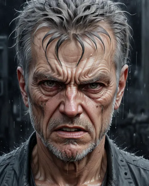 Dystopian style <lora:FF-Style-Mid-HOT-Week3.LORA:1>,"a drawing of an old man with a face that is wet, anger. hyper detailed, extremely detailed art, detailed 4 k drawing, stunning artwork, highly detailed 4 k art, insanely highly detailed artwork, extreme...