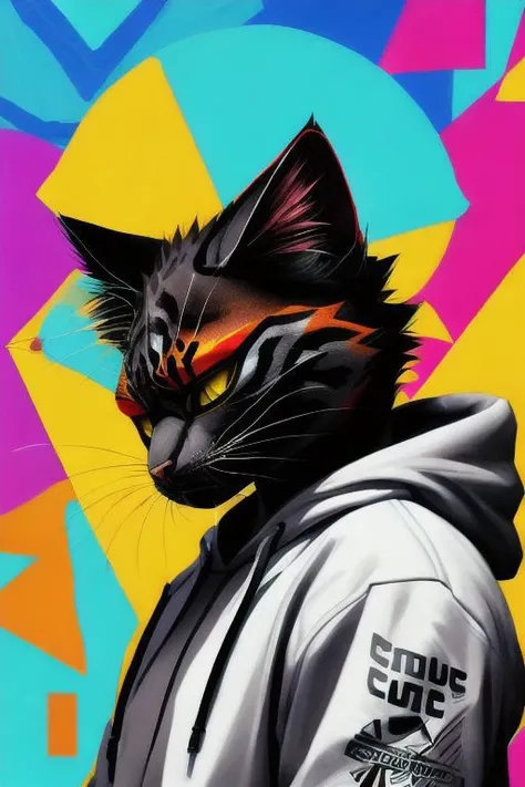 anthro cat, swaggy, defying look, angular style, edgy, bottom view, strong perspective, colorful, detailed style, (portrait:0.7), techwear hoodie, abstract background, relaxed, side view,