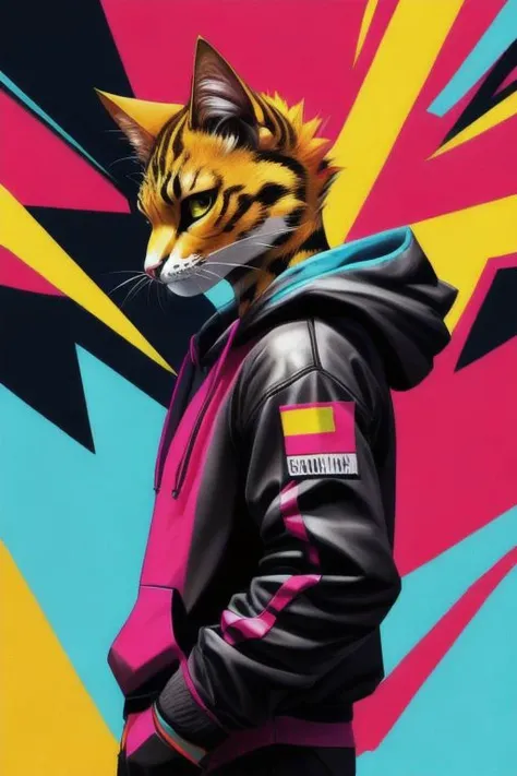 anthro cat, swaggy, defying look, angular style, edgy, bottom view, strong perspective, colorful, detailed style, (portrait:0.7), techwear hoodie, abstract background, relaxed, side view,