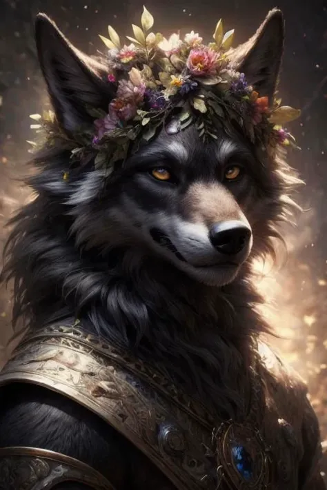 cosmic flowers, flower crown, portrait, male, wolf, black fur, anthro, tunic, illustration, insanely detailed octane rendering trending on artstation, 8k art photography, photorealistic concept