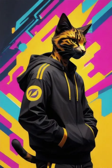 anthro cat, swaggy, defying look, angular style, edgy, bottom view, strong perspective, colorful, detailed style, (portrait:0.7), techwear hoodie, abstract background, relaxed, side view,