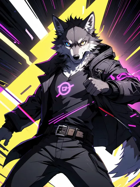 a close up of a person in a suit and a wolf