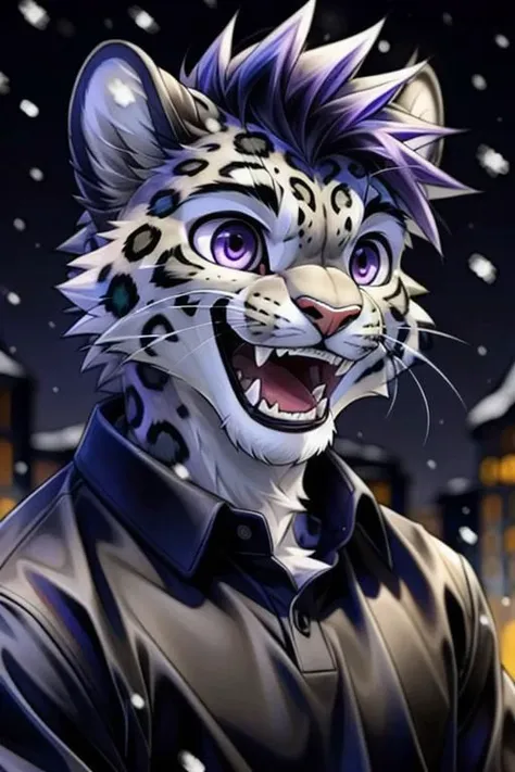 a close up of a tiger with purple eyes and a black jacket