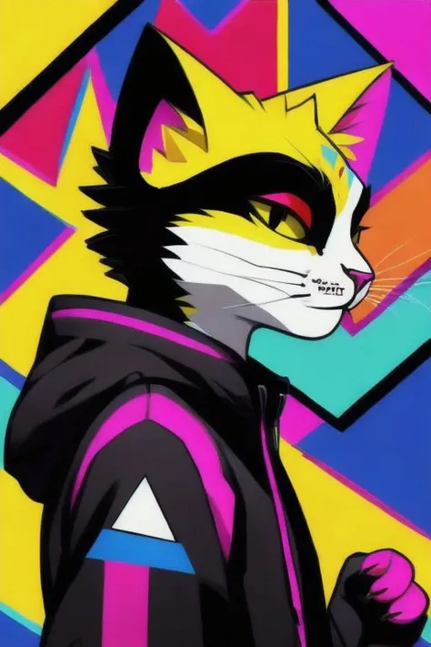 anthro cat, swaggy, defying look, angular style, edgy, bottom view, strong perspective, colorful, detailed style, (portrait:0.7), techwear hoodie, abstract background, relaxed, side view,