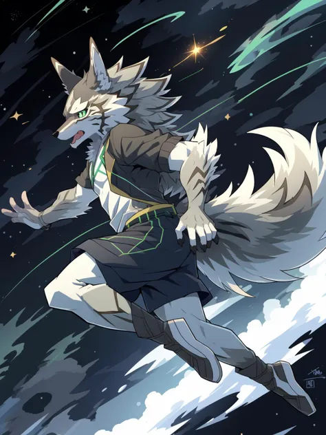 anime wolf with a sword running through the night sky