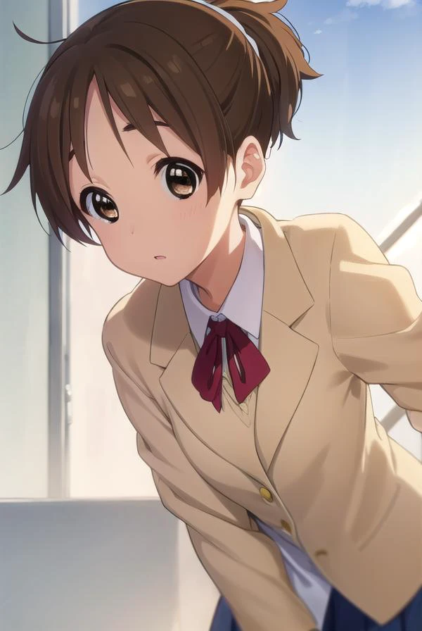 konuihirasawa, <lora:ui hirasawa s2-lora-nochekaiser:1>, 
ui hirasawa, short hair, brown hair, (brown eyes:1.5), ponytail,
BREAK sakuragaoka high school uniform, school uniform, uniform, blazer, shirt, white shirt, collared shirt, skirt, pleated skirt,
BRE...