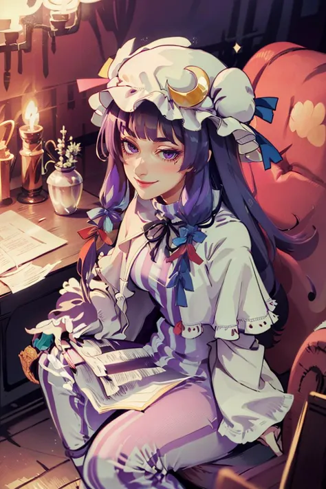 art by Lingrimm,<lora:Lingrimm (Vpred):0.7>,
patchouli knowledge, 1girl, dress, (purple hair, purple eyes:1), long hair, mob cap, crescent hat ornament, ribbon, dress, <lora:patchouli:0.9>, smile, blushing,