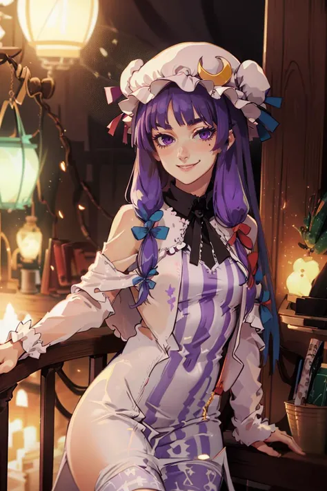 art by Lingrimm,<lora:Lingrimm (Vpred):0.7>,
patchouli knowledge, 1girl, dress, (purple hair, purple eyes:1), long hair, mob cap, crescent hat ornament, ribbon, dress, <lora:patchouli:0.9>, smile, blushing,