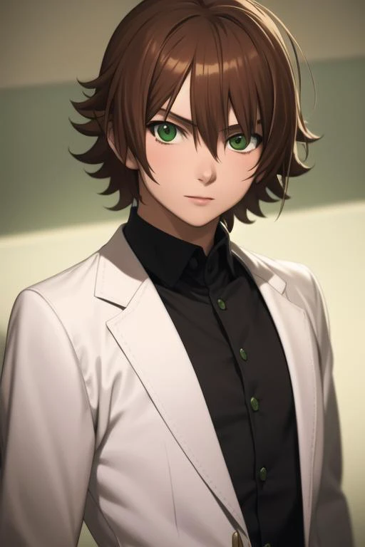 masterpiece, best quality, high quality, 1boy, solo, male focus, looking at viewer, upper body, <lora:tatsumi:0.74>, tatsumi, brown hair, green eyes, <lora:Realism-10:0.20>, Realism