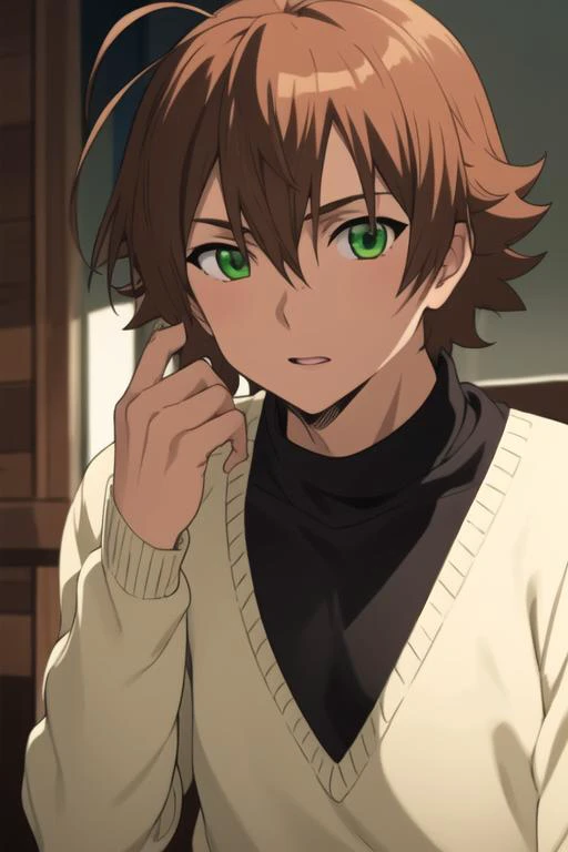 masterpiece, best quality, high quality, 1boy, solo, male focus, looking at viewer, upper body, <lora:tatsumi:0.84>, tatsumi, brown hair, green eyes, sweater <lora:animemix_v3_offset:0.25>