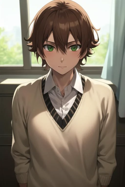 masterpiece, best quality, high quality, 1boy, solo, male focus, looking at viewer, upper body, <lora:tatsumi:0.74>, tatsumi, brown hair, green eyes, sweater