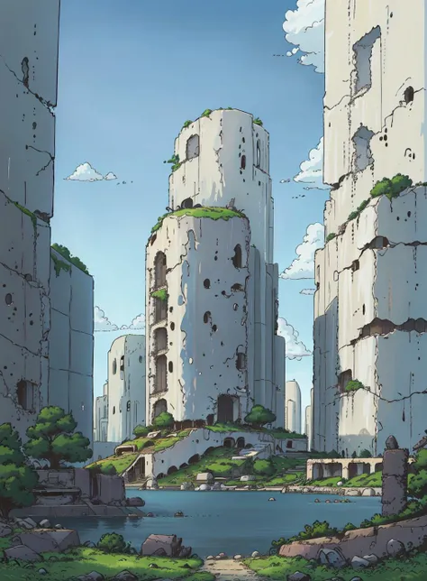 draw of a place,
city , blue sun, green sky, ruins, water, futuristic,
 <lora:Cozy_Style-000002:.7>