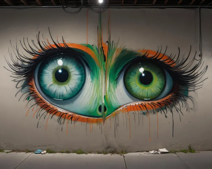 (((wall graffiti drawing:1.3) of 1woman, (mid twenty:1.15), big eyes, , (color scheme: linen,topaz,dark green,tomato), (Wall Graffiti:1.3),  (Graffiti:1.2))) artwork, flat shading, (influenced by banksy), Lateral illumination, Off-axis lighting, Directiona...