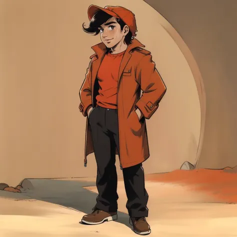 (masterpiece, best quality:1.3), 1boy, solo, looking at viewer, closed mouth, smile, Yabuki Joe, black hair, orange shirt, bangs, brown eyes, hat, orange hat, jacket, popped collar, open clothes, cap, trench coat  cowboy shot, full body, town, <lora:Yabuki...