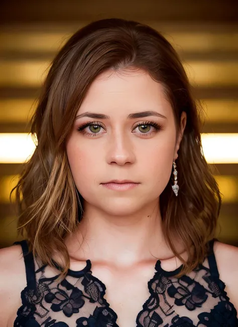 portrait of skswoman, neutral , wearing prom dress , with orange Layered haircut , background farm epic (photo, studio lighting, hard light, sony a7, 50 mm, matte skin, pores, colors, hyperdetailed, hyperrealistic), <lyco:Jenna FischerV2:1.2>